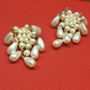 Vintage Clip Earrings Faux Pearl Waterfall Gold Tone